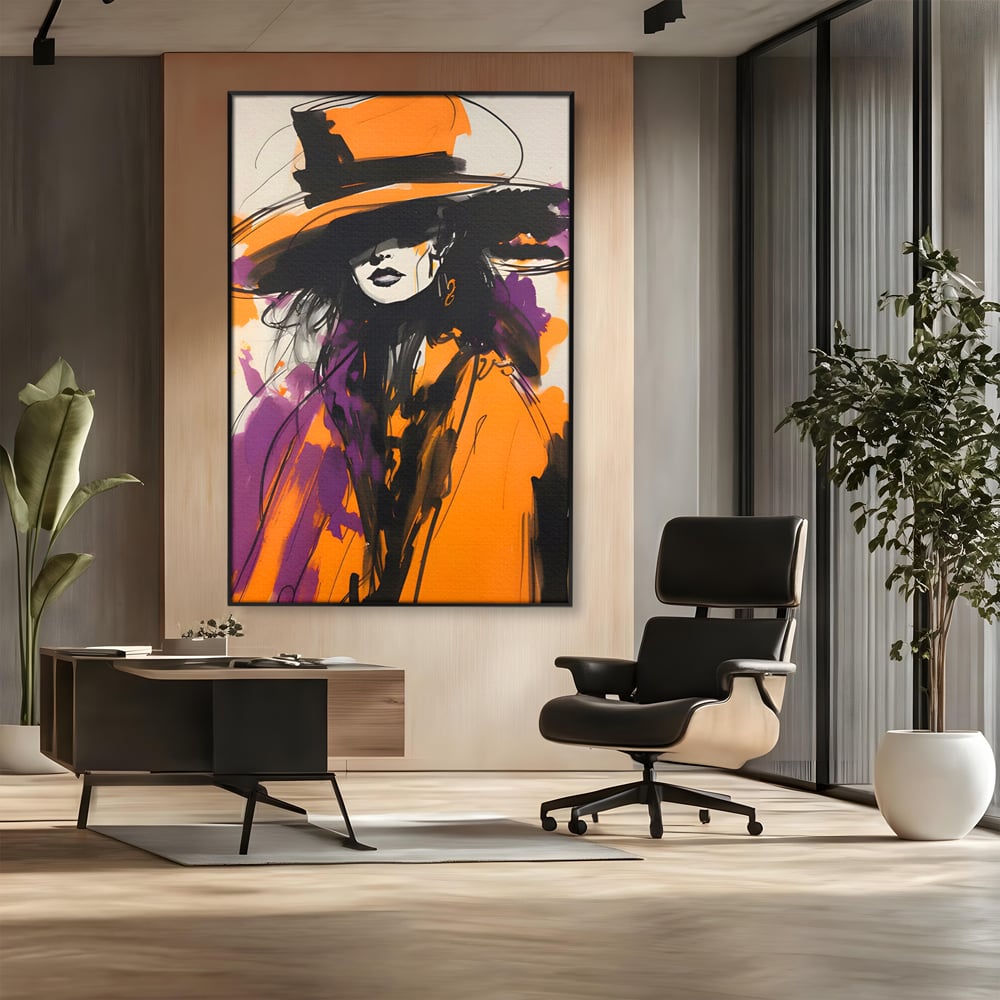 Tablou canvas cu ilustratie portret femeie cu palarie portocalie, in rama de aluminiu negru, pe perete intr-un birou